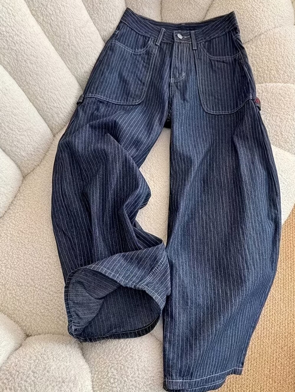 Washed Distressed Multi-pocket Striped Work Jeans, Stylish Design, Wide-leg - Picture 1 of 5